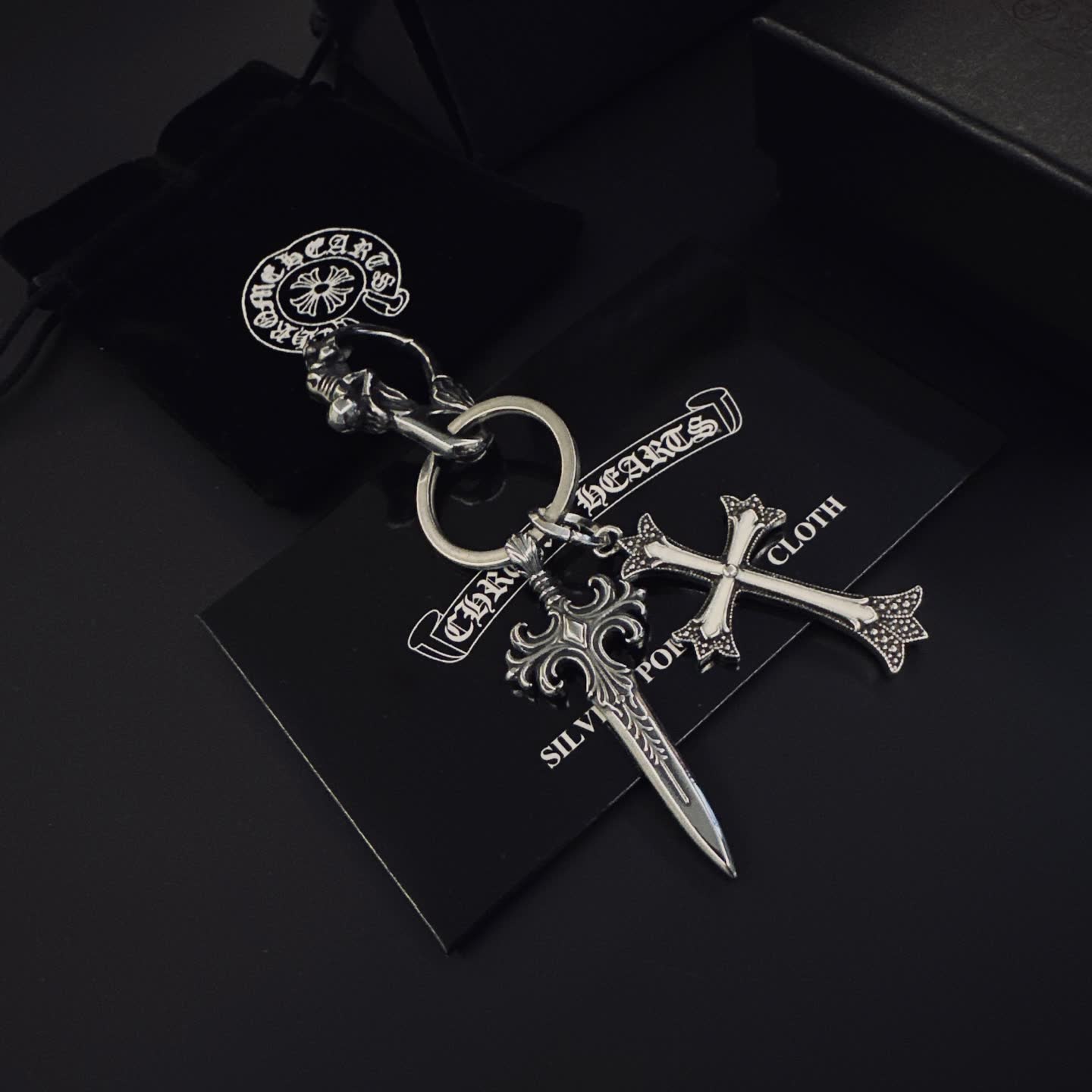 Chrome Hearts Silver Keychain with Sword and Cross Charms